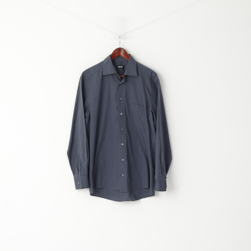 Rudolf WOHRL Uomo 39 M Camicia casual Top con taschino a maniche lunghe in cotone blu scuro