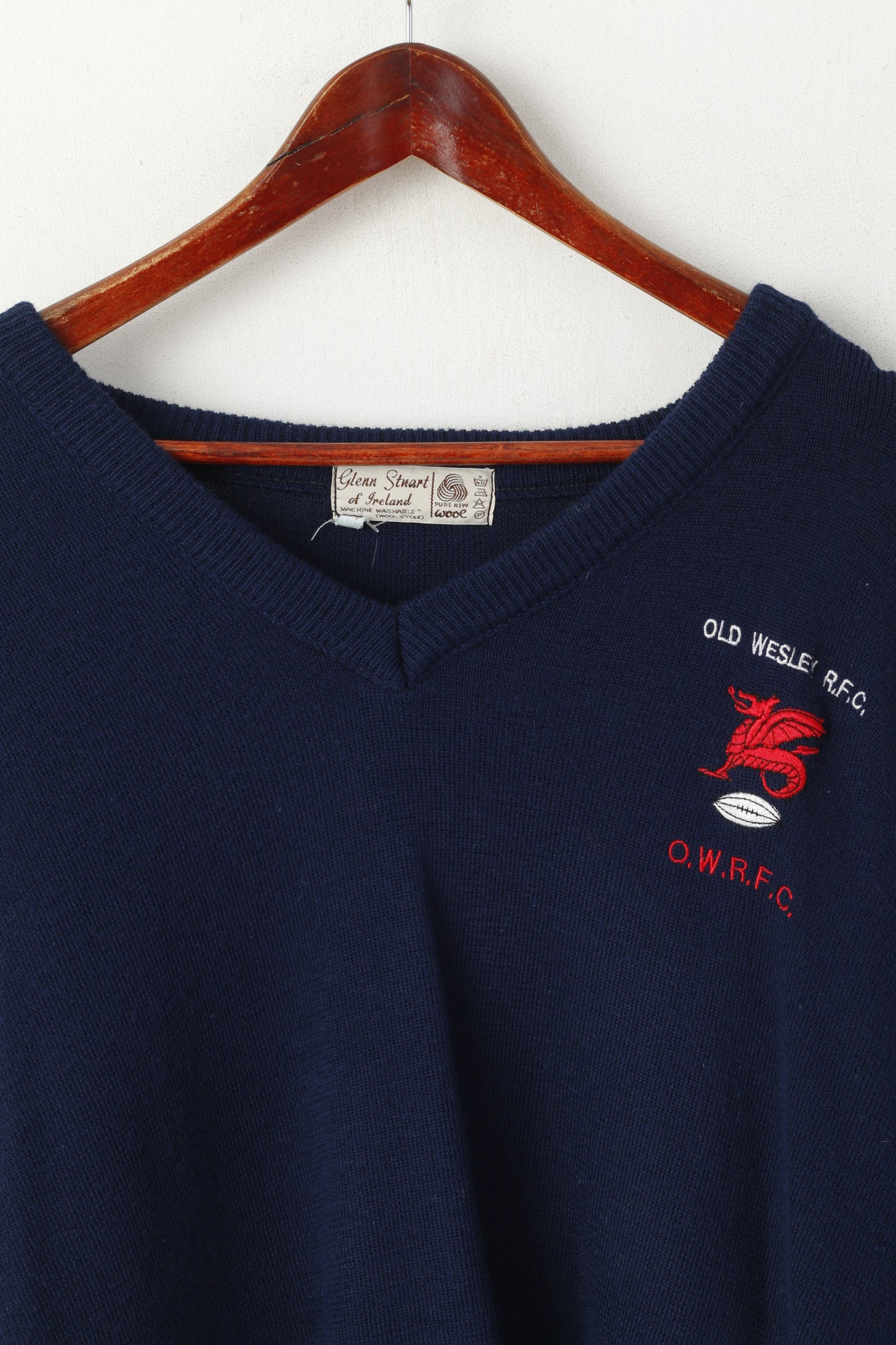 Glenn Stuart Of Ireland Hommes 48 M Jumper Laine Marine Old Wesley RFC pull vintage