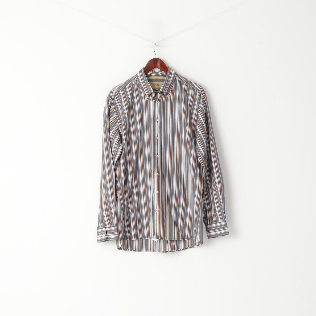 Camel Active Men L Casual Shirt Grey Striped Button Down Collar Long Sleeve Top