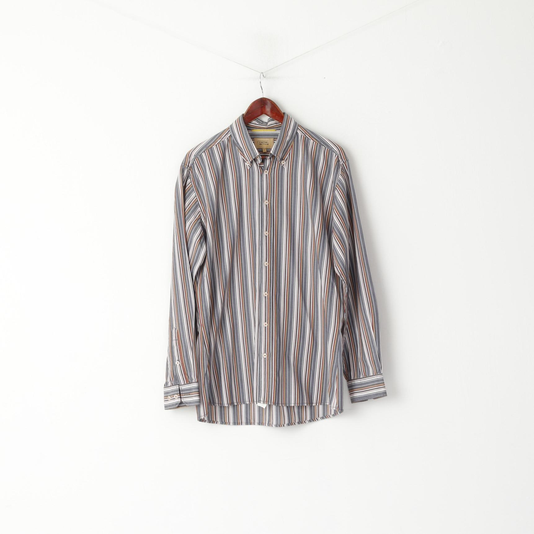 Camel Active Men L Casual Shirt Grey Striped Button Down Collar Long Sleeve Top
