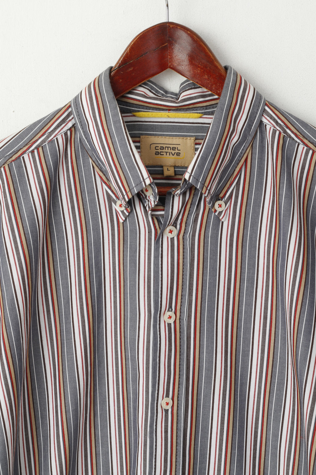 Camel Active Men L Casual Shirt Grey Striped Button Down Collar Long Sleeve Top