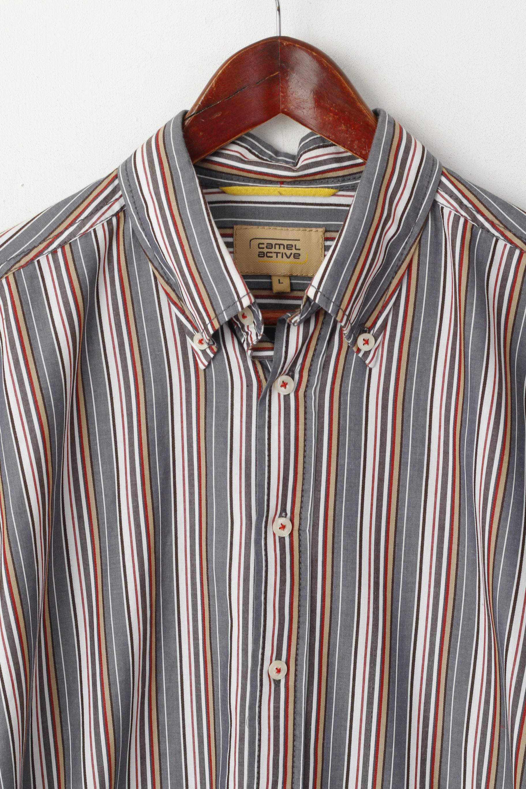 Camel Active Men L Casual Shirt Grey Striped Button Down Collar Long Sleeve Top