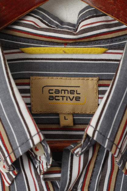 Camel Active Men L Chemise décontractée Gris Rayé Col Boutonné Haut à Manches Longues