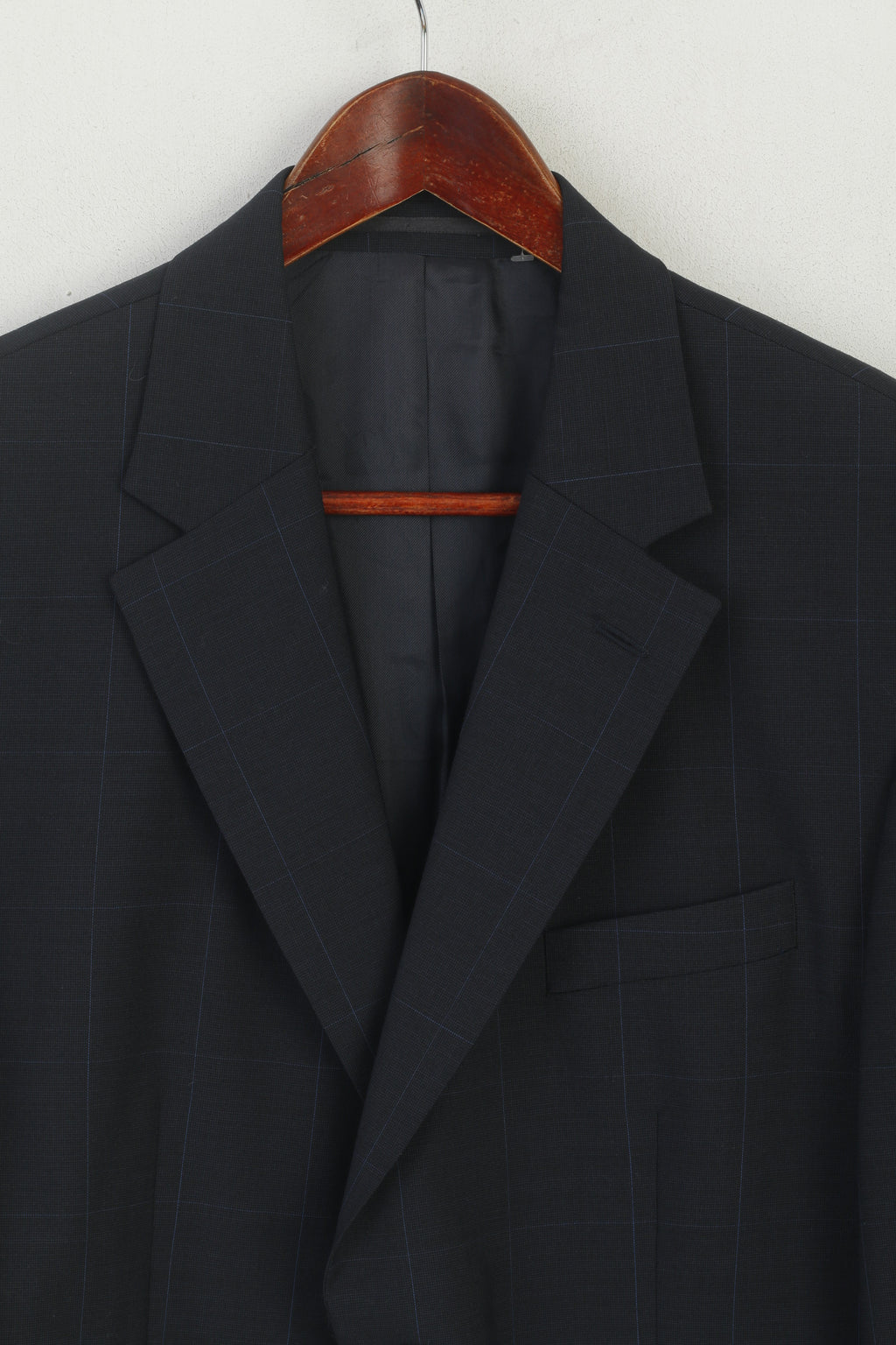 Austin Reed Men 42 Short Blazer Navy Check Wool Single Berasted Jacket