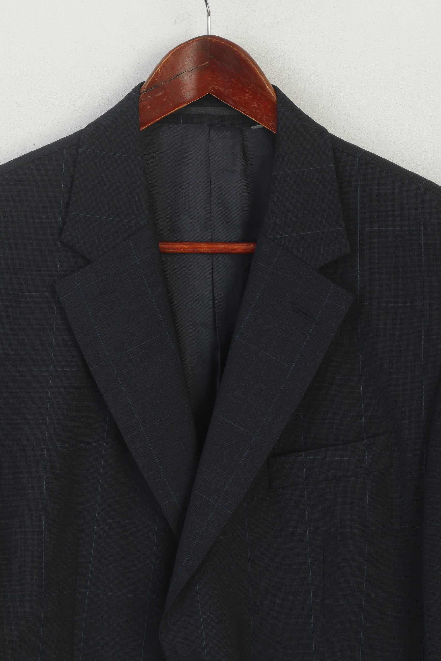 Austin Reed Men 42 Short Blazer Navy Check Wool Single Berasted Jacket