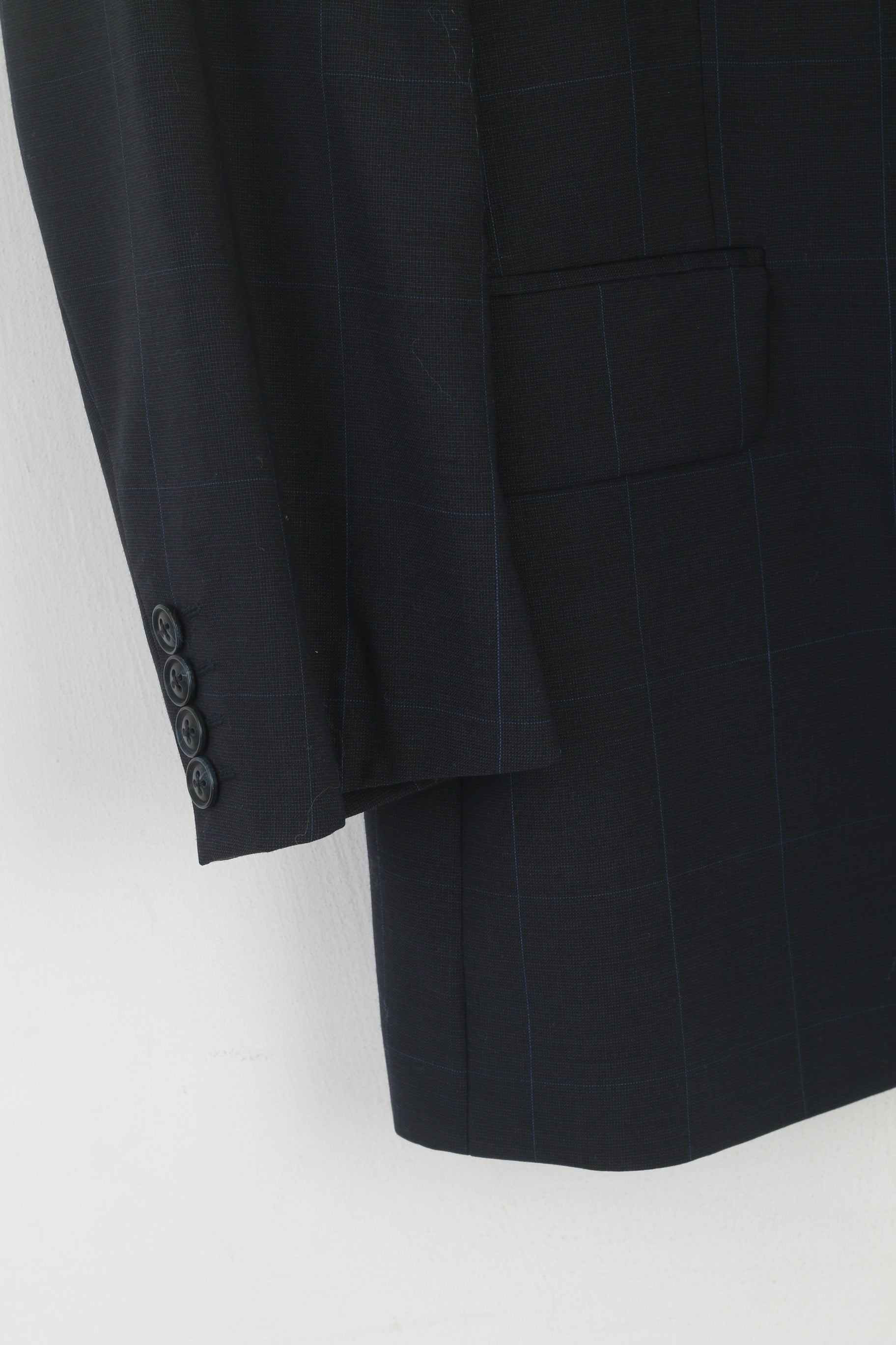 Austin Reed Men 42 Short Blazer Navy Check Wool Single Berasted Jacket