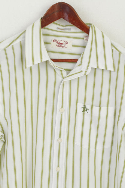 Penguin Men L  (M) Casual Shirt Cream Green Striped Heritage Slim Fit Summer Top