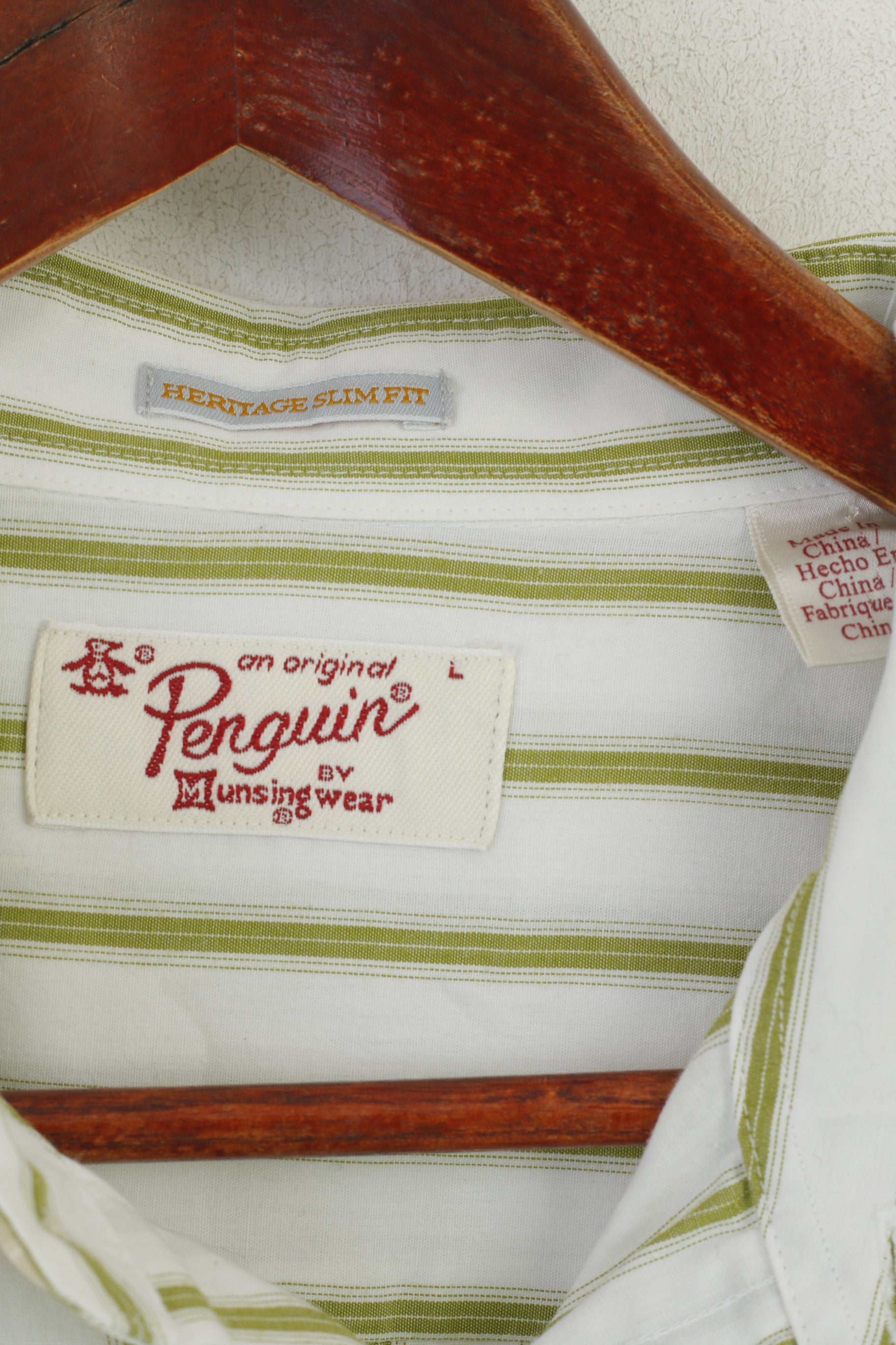 Penguin Men L  (M) Casual Shirt Cream Green Striped Heritage Slim Fit Summer Top
