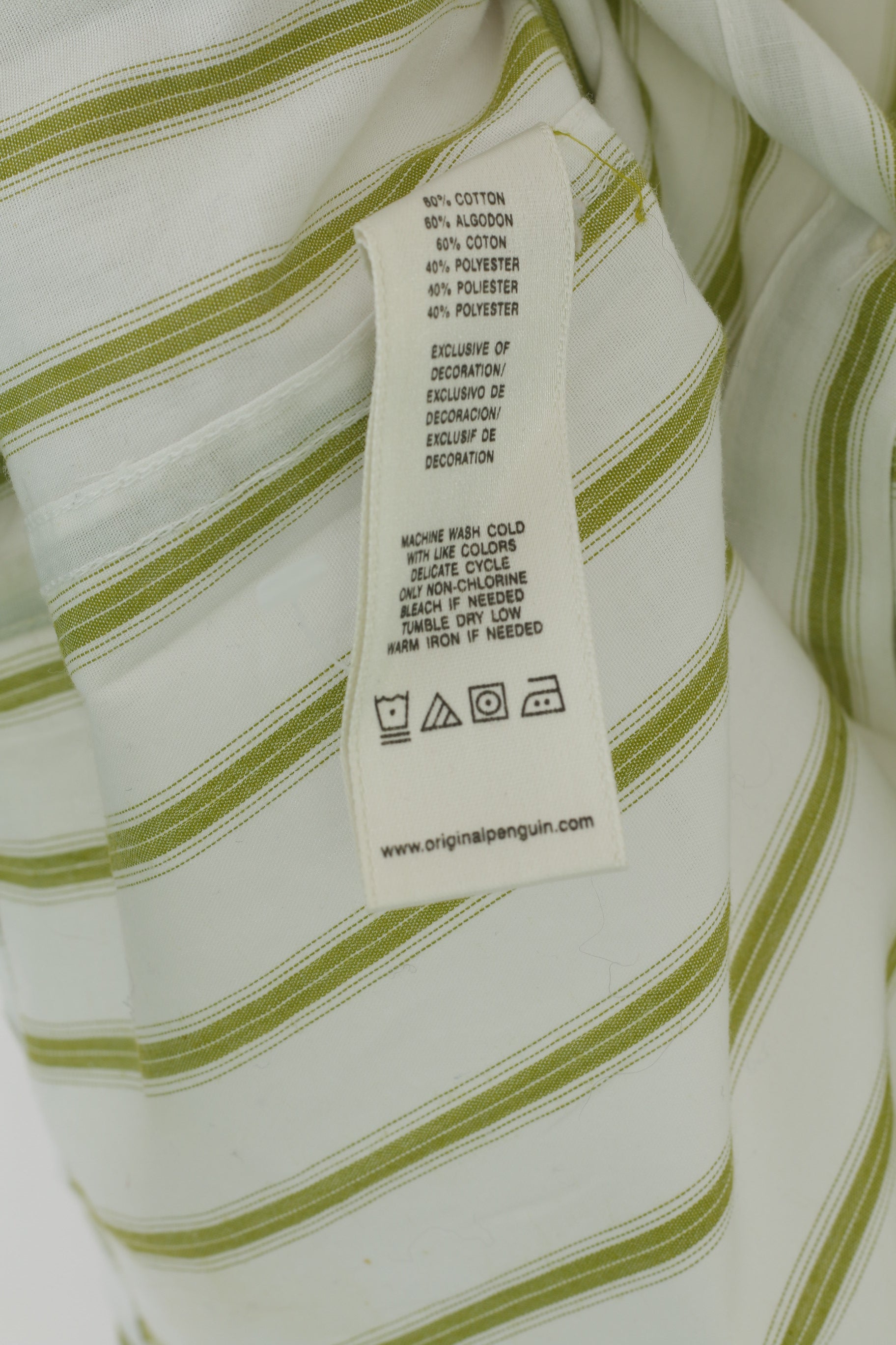 Penguin Men L  (M) Casual Shirt Cream Green Striped Heritage Slim Fit Summer Top