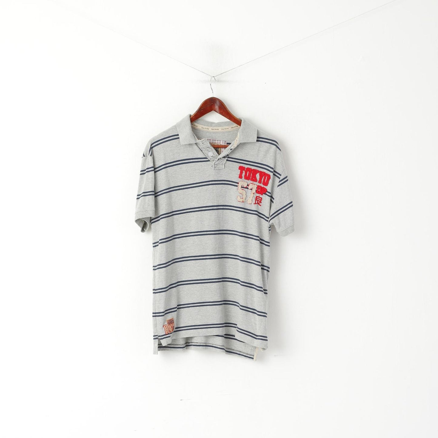 Tokyo Laundry Hommes L Polo Gris Coton Rayé Vintage Apparel Top