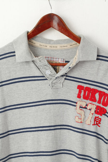 Tokyo Laundry Hommes L Polo Gris Coton Rayé Vintage Apparel Top