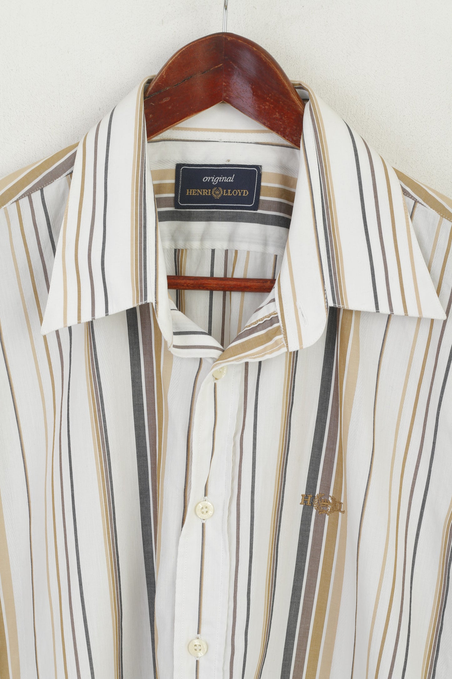 Henri Lloyd Men XL (L) Casual Shirt Beige Cotton Striped Detailed Buttons Retro Top