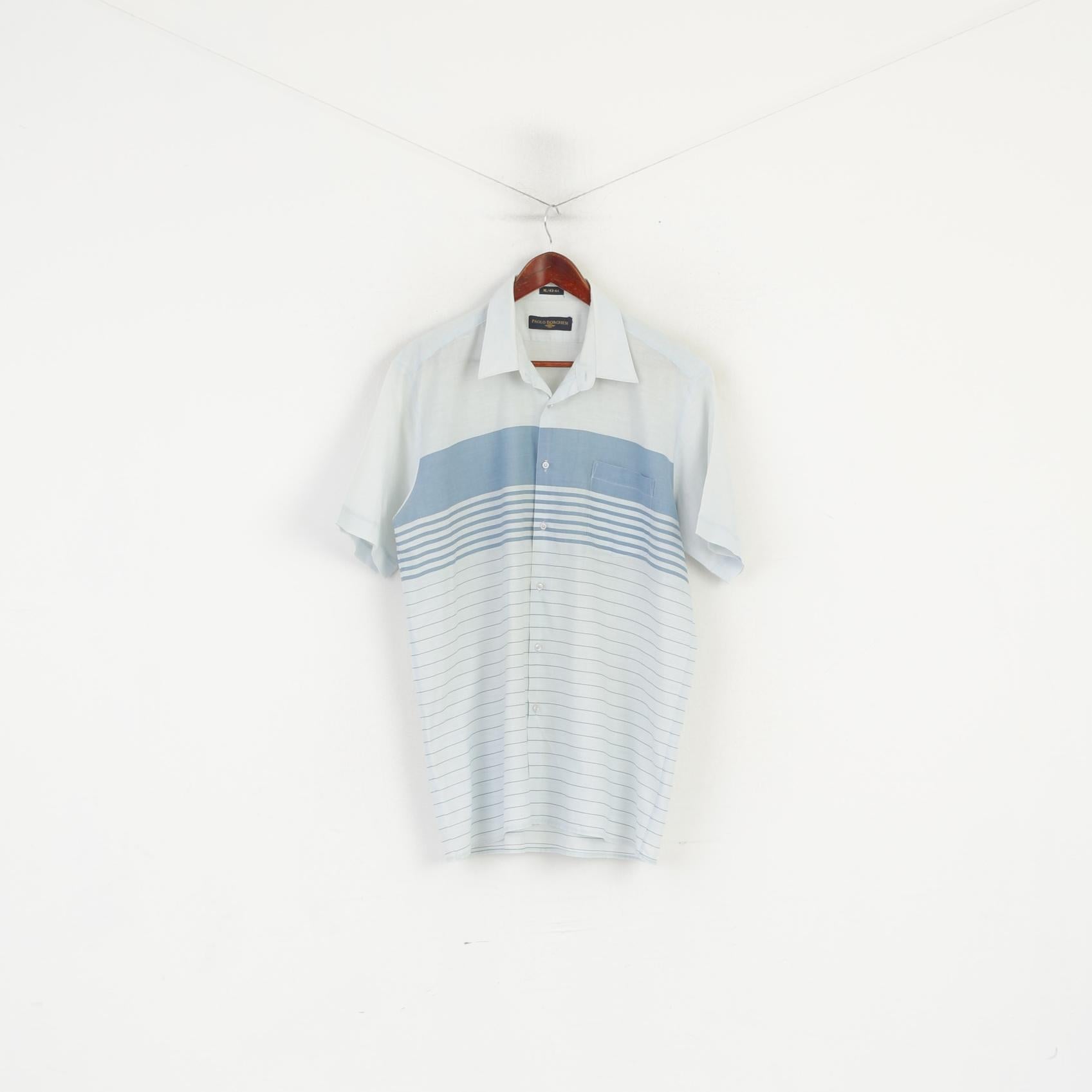 Paolo Borghesi Camicia casual da uomo XL Top estivo con tasca a righe in cotone vintage blu