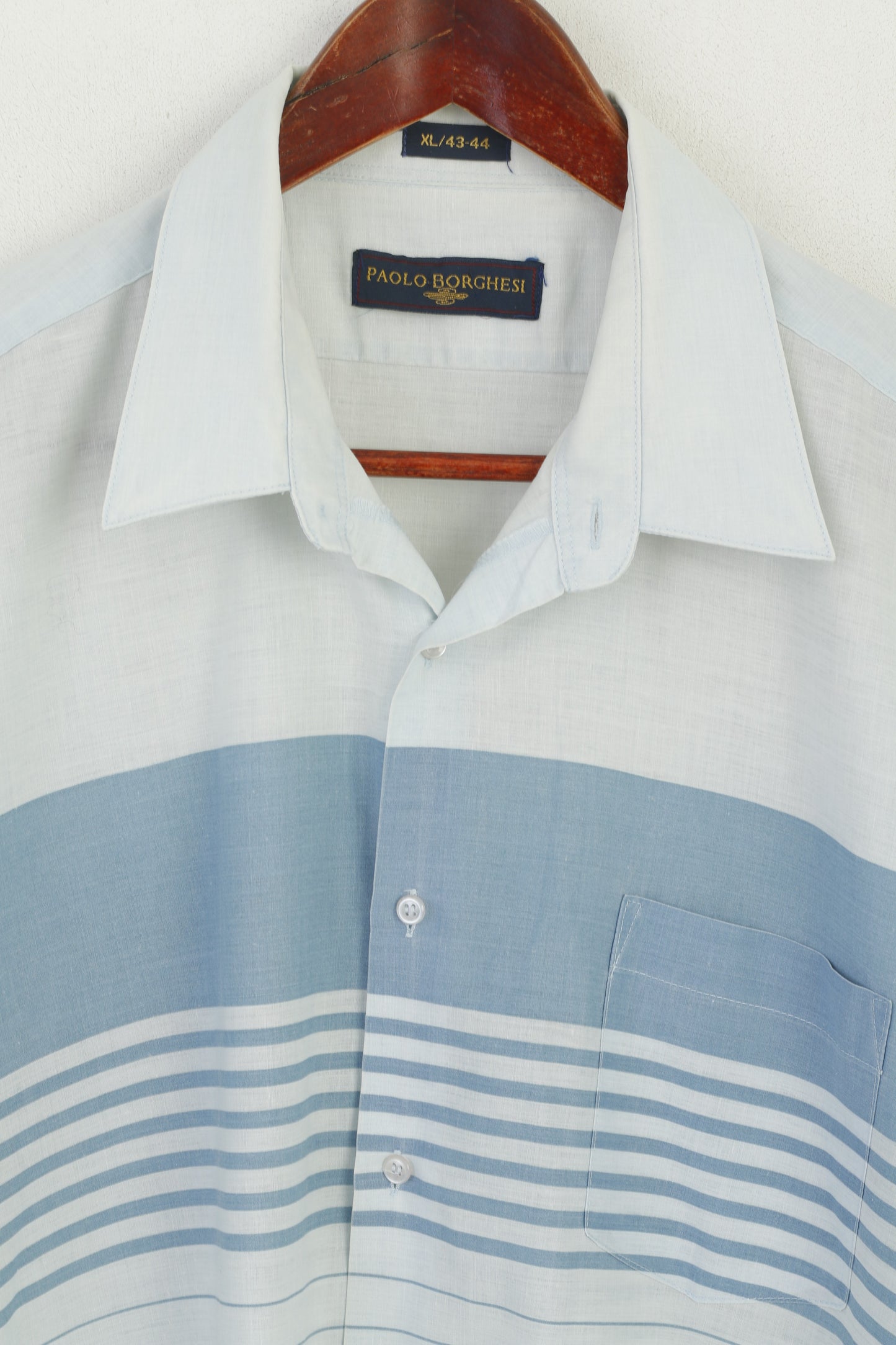 Paolo Borghesi Men XL Casual Shirt Blue Vintage Cotton Striped Pocket Summer Top