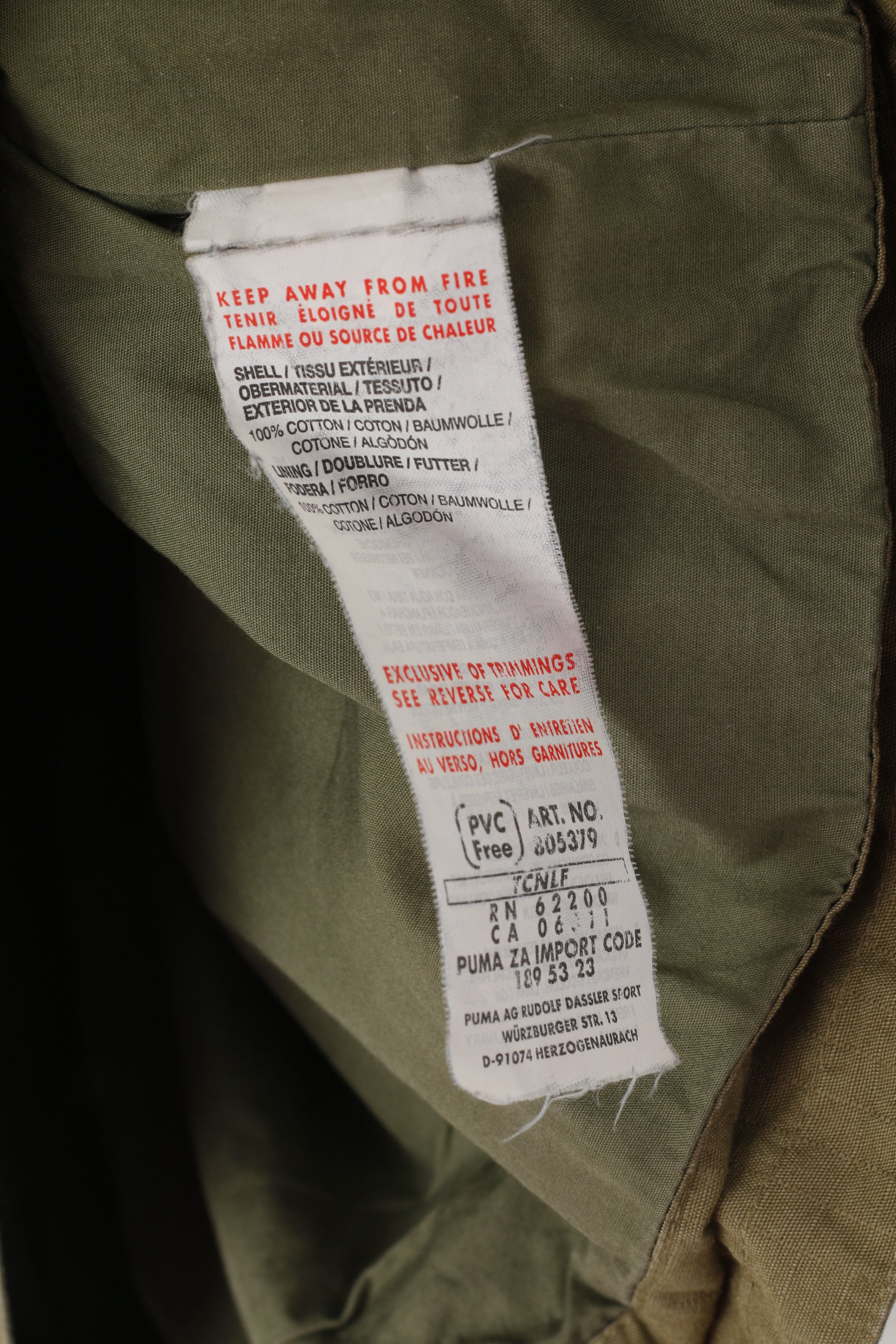 Giacca Puma da uomo M in cotone kaki, leggero, militare, con cerniera intera, top casual