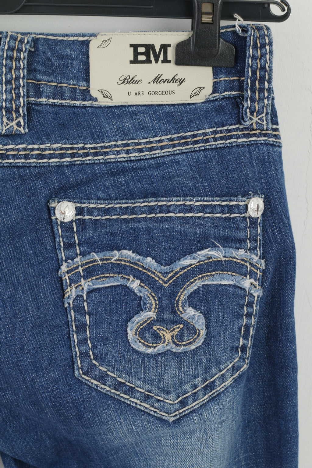 Blue Monkey Femme 27 Pantalon Jeans Pantalon Bleu En Coton Stretch Brodé