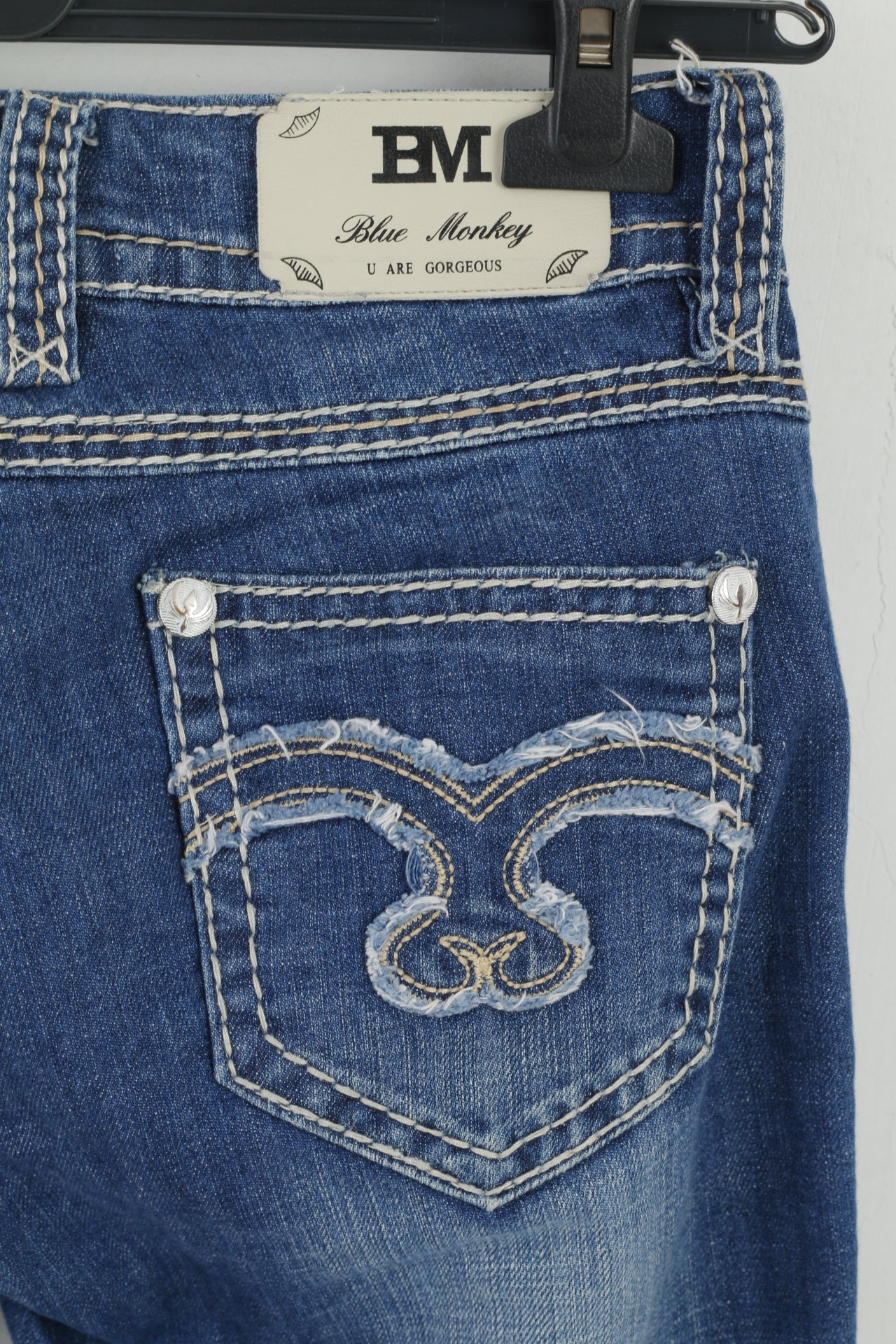 Blue Monkey Femme 27 Pantalon Jeans Pantalon Bleu En Coton Stretch Brodé