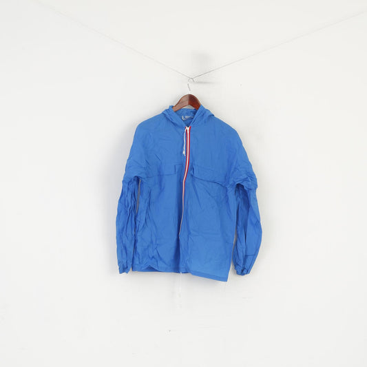 Veste vintage pour hommes en nylon bleu imperméable à capuche avec fermeture éclair complète