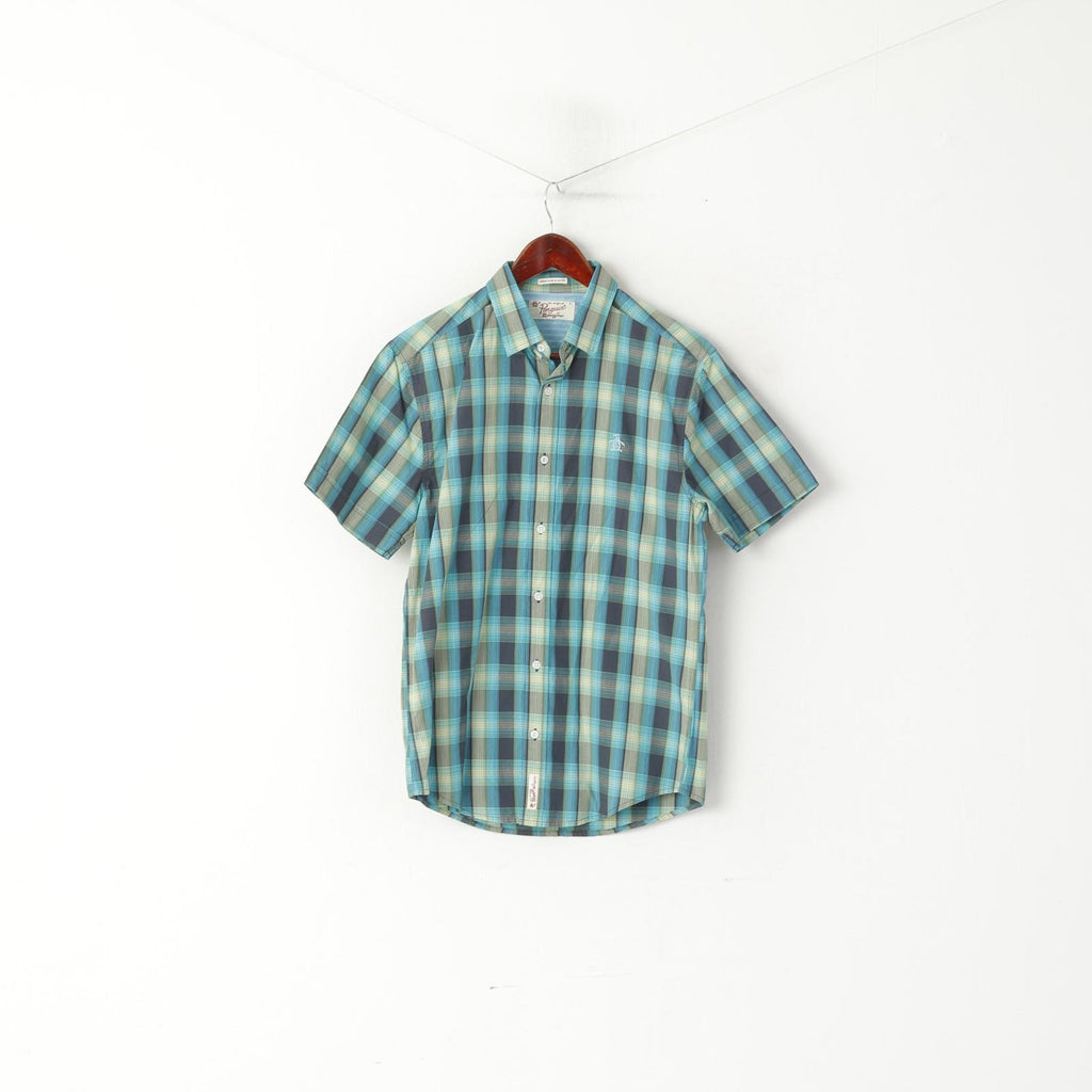 Penguin Men S Casual Shirt Blue Cotton Heritage Slim Fit Checkered Short Sleeve