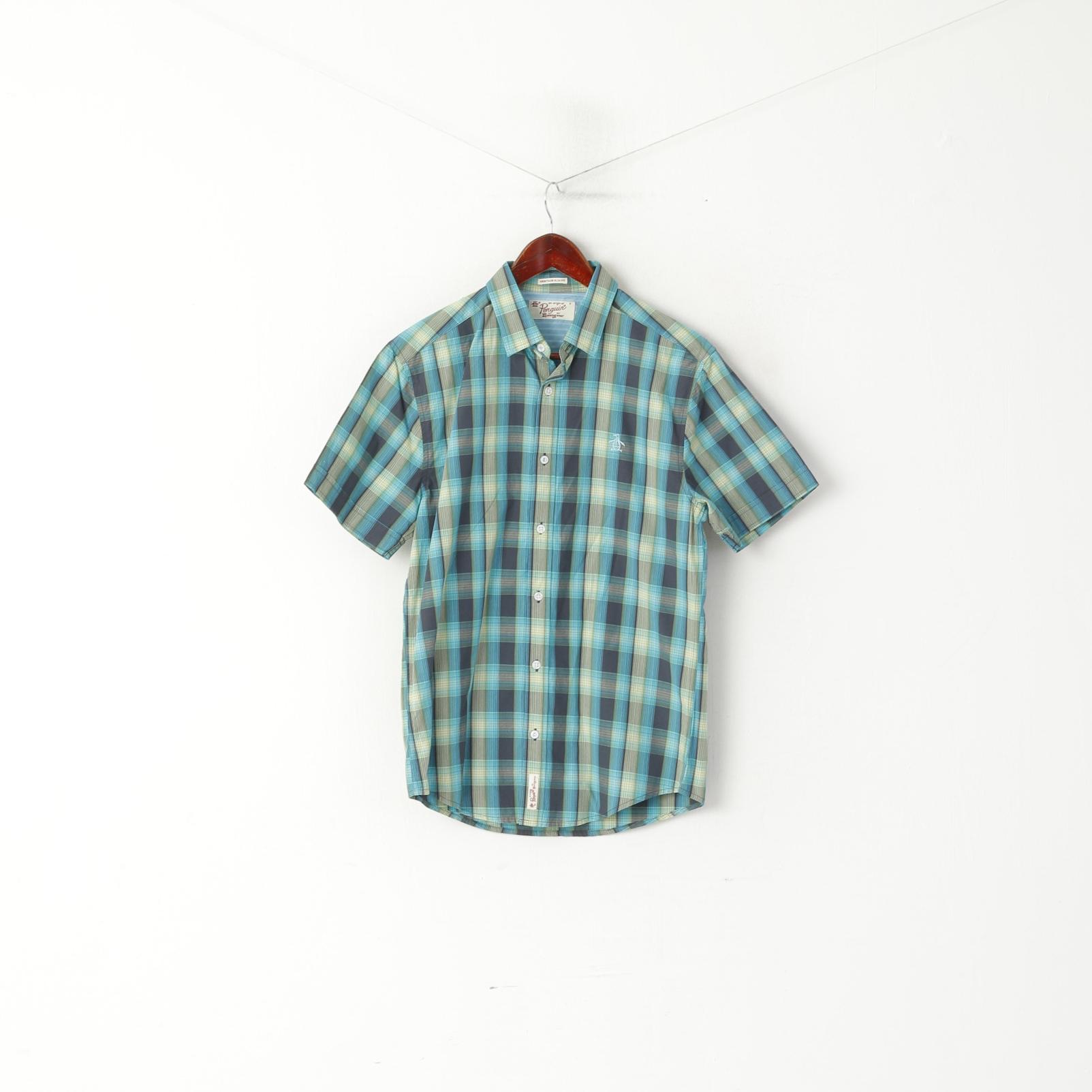 Penguin Men S Casual Shirt Blue Cotton Heritage Slim Fit Checkered Short Sleeve