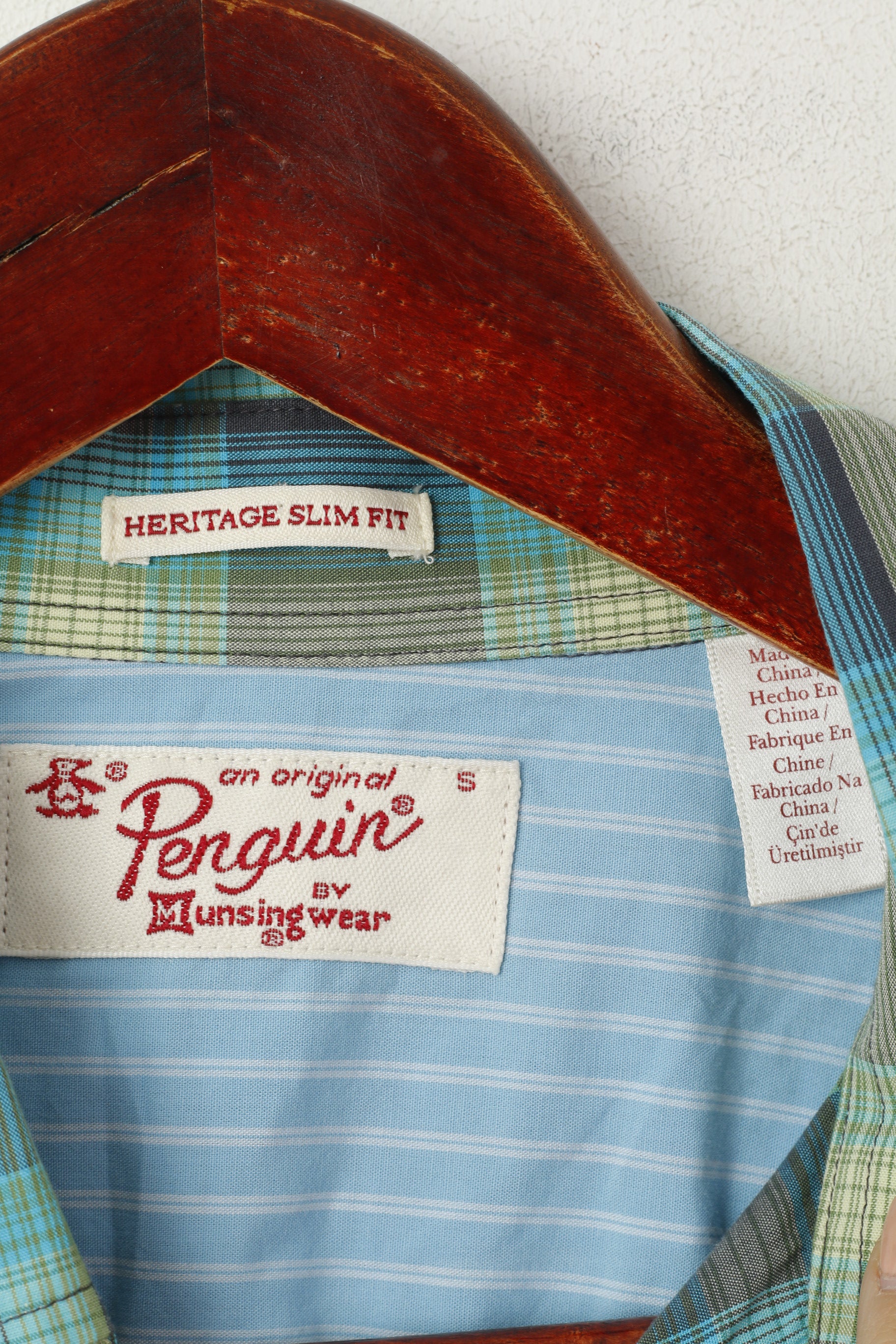 Penguin Men S Casual Shirt Blue Cotton Heritage Slim Fit Checkered Short Sleeve