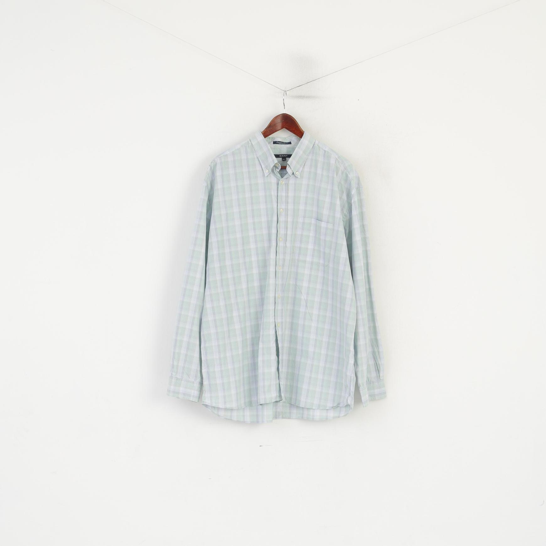 Gant Men 2XL Casual Shirt Green Blue Check Egyptian Cotton Regular Long Sleeve Top