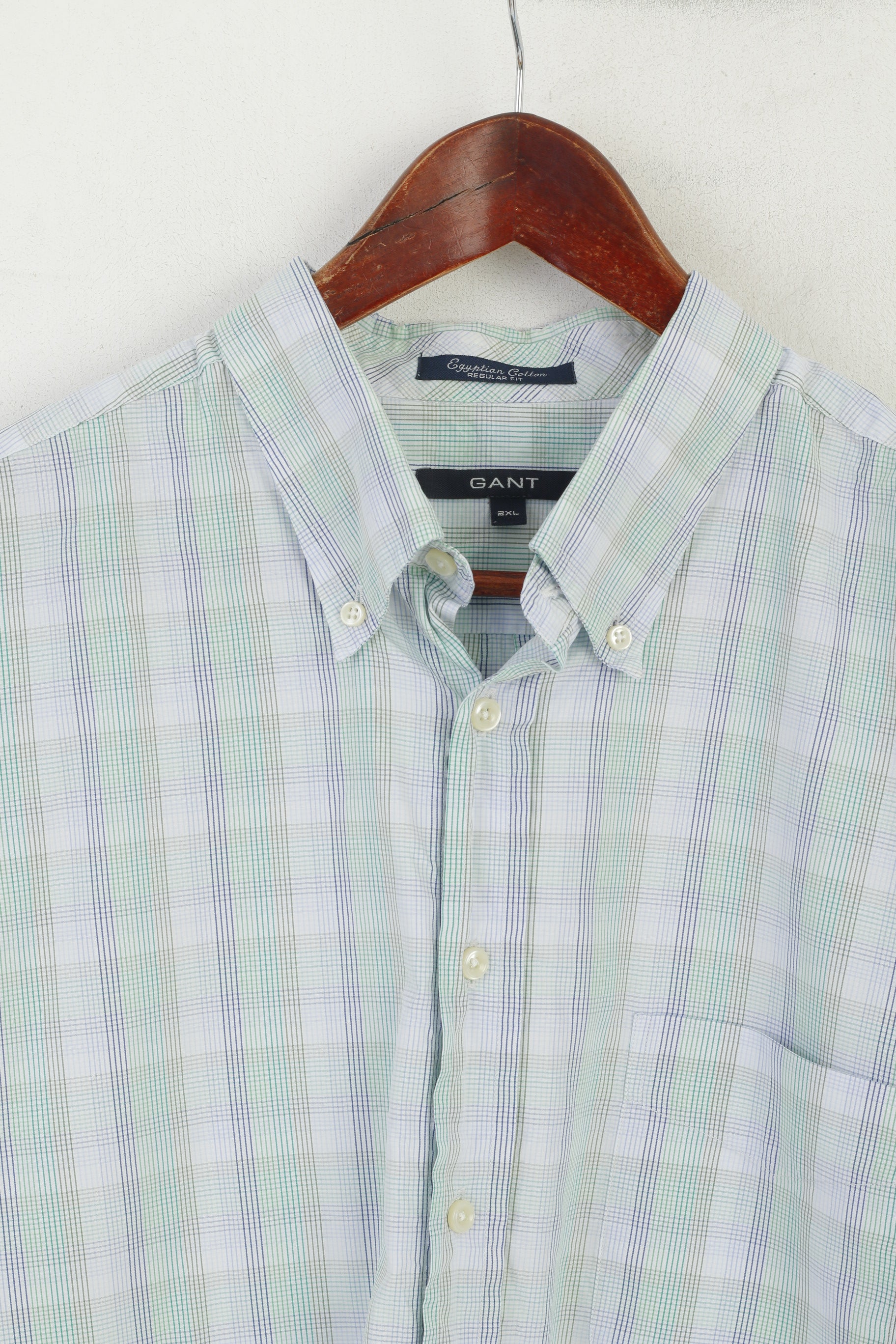 Gant Men 2XL Casual Shirt Green Blue Check Egyptian Cotton Regular Long Sleeve Top