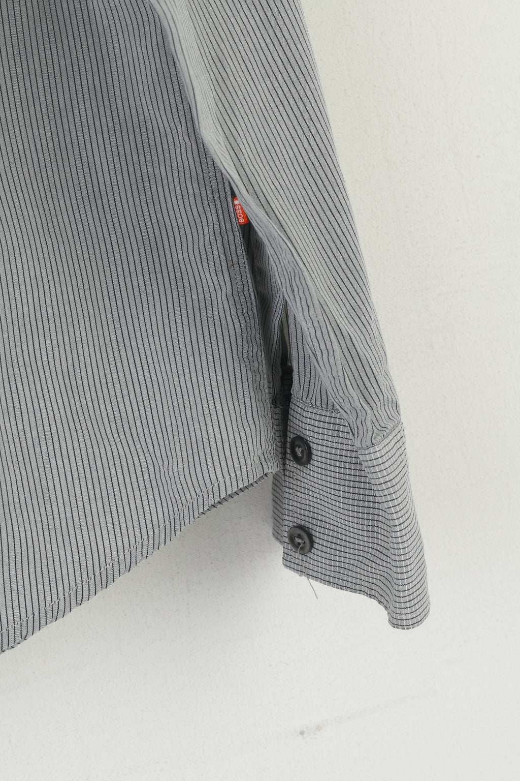 Hugo Boss Camicia casual da uomo L (M) Top a maniche lunghe in cotone a righe grigie con bottoni nascosti