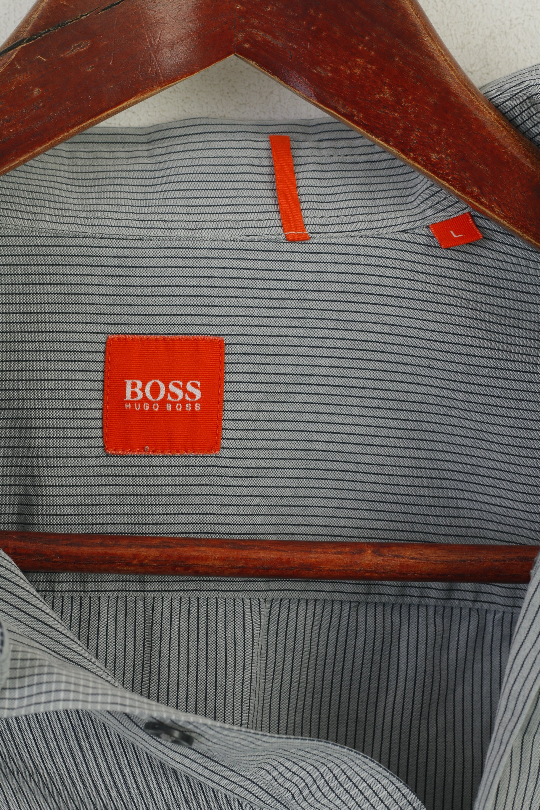 Hugo Boss Camicia casual da uomo L (M) Top a maniche lunghe in cotone a righe grigie con bottoni nascosti