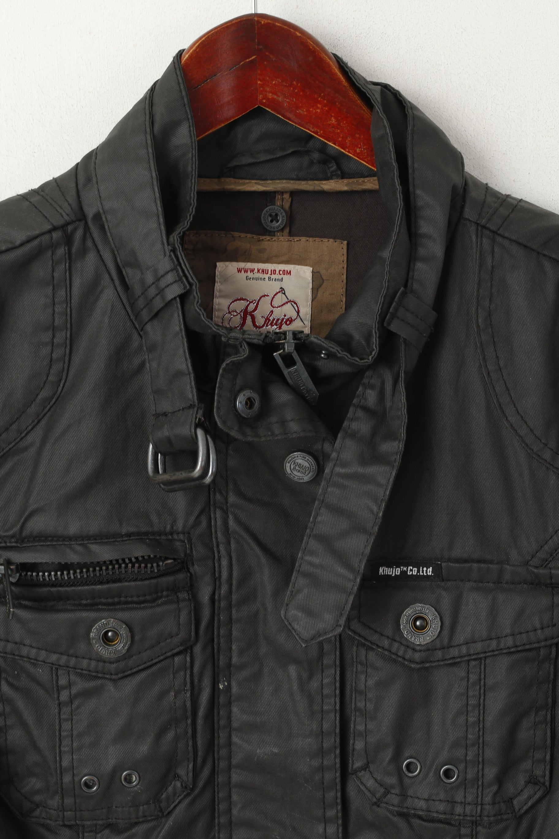 Giacca Khujo da donna M (S) in cotone cerato nero Top classico con cintura lucida con cerniera intera