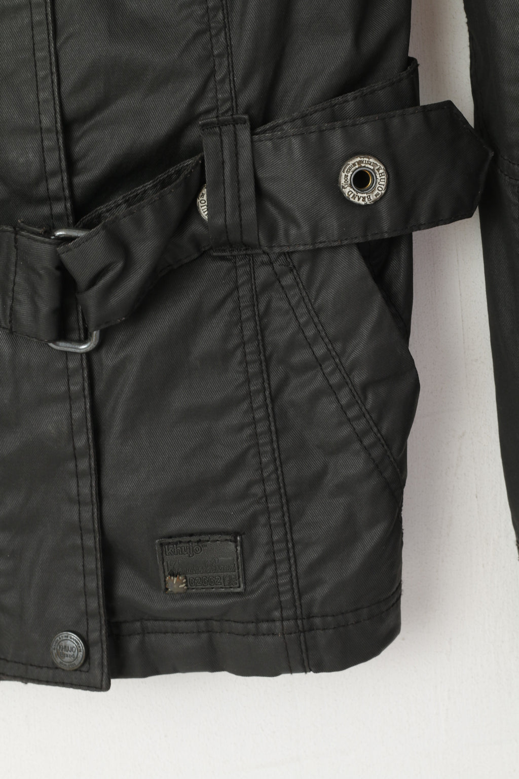Giacca Khujo da donna M (S) in cotone cerato nero Top classico con cintura lucida con cerniera intera