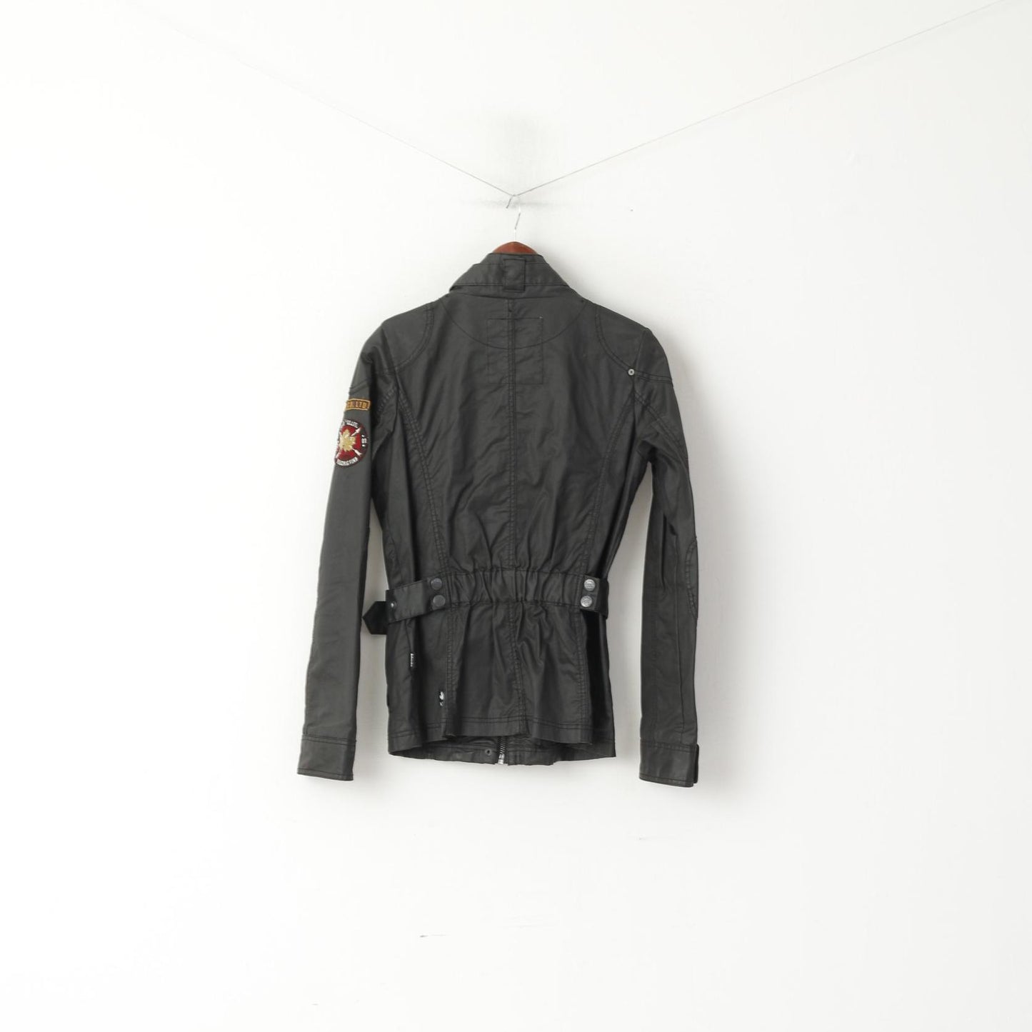 Khujo Women M (S) Jacket Black Wax CottonFull Zipper Shiny Belted Classic Top