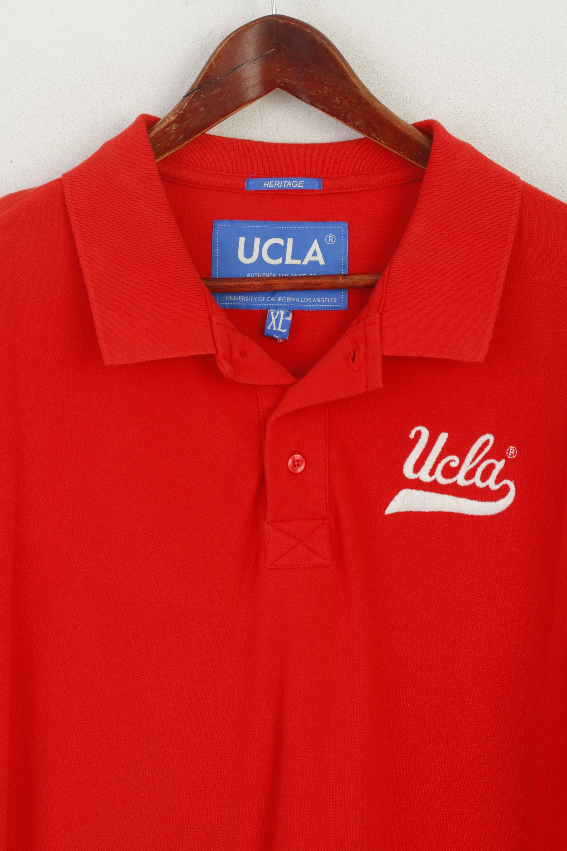 Ucla Hommes XL Polo Rouge Coton Varsity Boutons Détaillés Los Angeles Collegiate Top