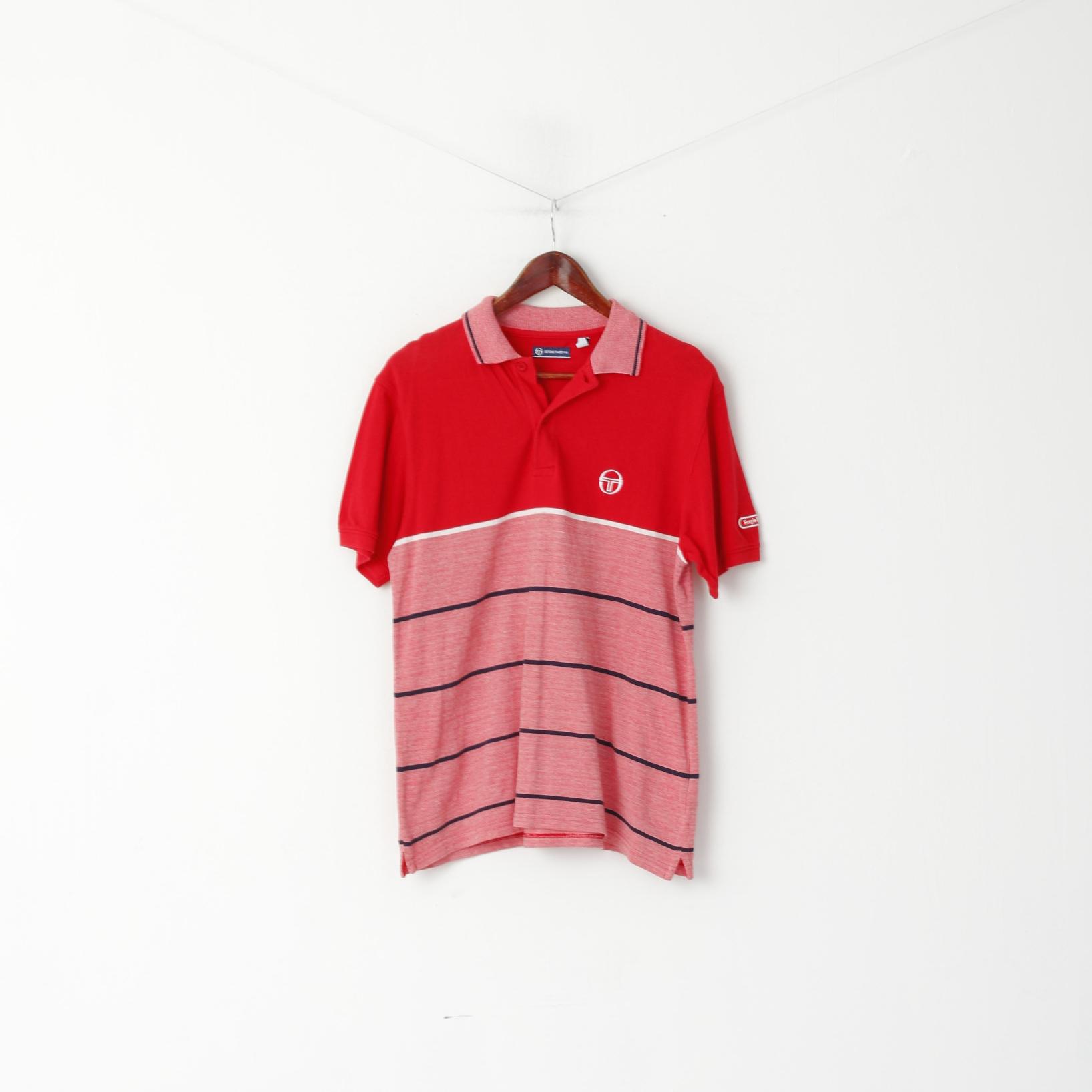 Sergio Tacchini Men L (M) Polo Shirt Red Cotton Striped Detailed Buttons Top