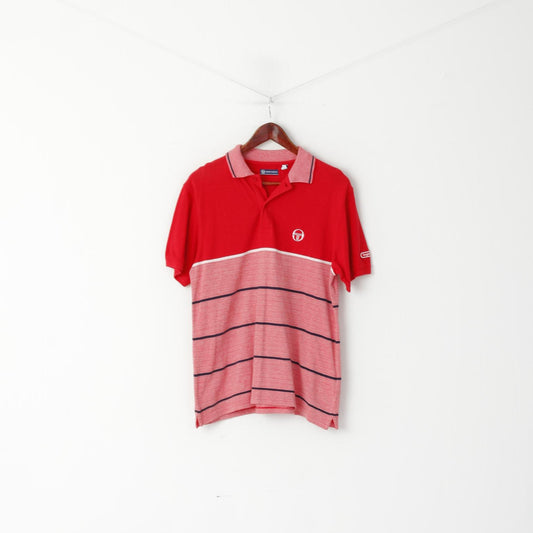 Sergio Tacchini Men L (M) Polo Shirt Red Cotton Striped Detailed Buttons Top