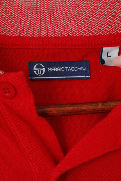 Sergio Tacchini Men L (M) Polo Shirt Red Cotton Striped Detailed Buttons Top