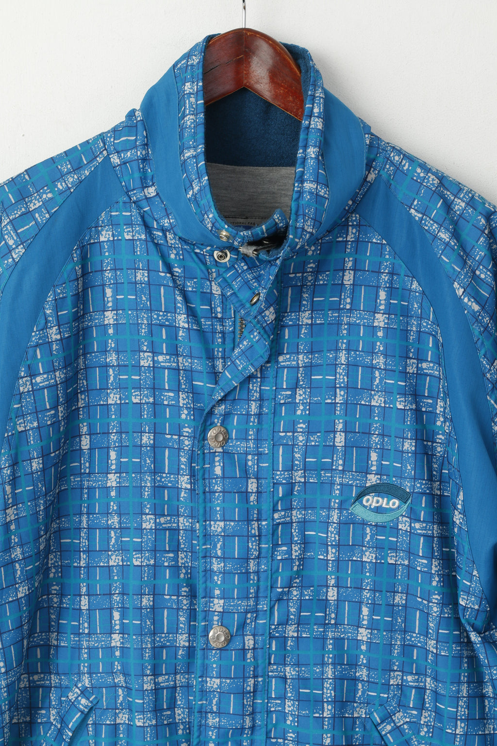 Giacca Odlo da uomo 48/50 M, top sportivo Protec vintage a quadri blu con cerniera intera