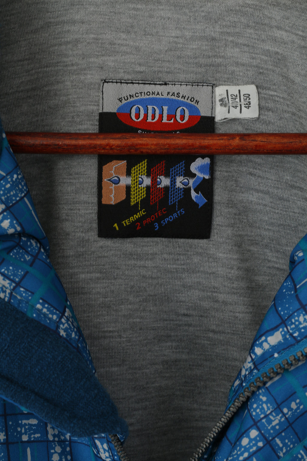 Giacca Odlo da uomo 48/50 M, top sportivo Protec vintage a quadri blu con cerniera intera