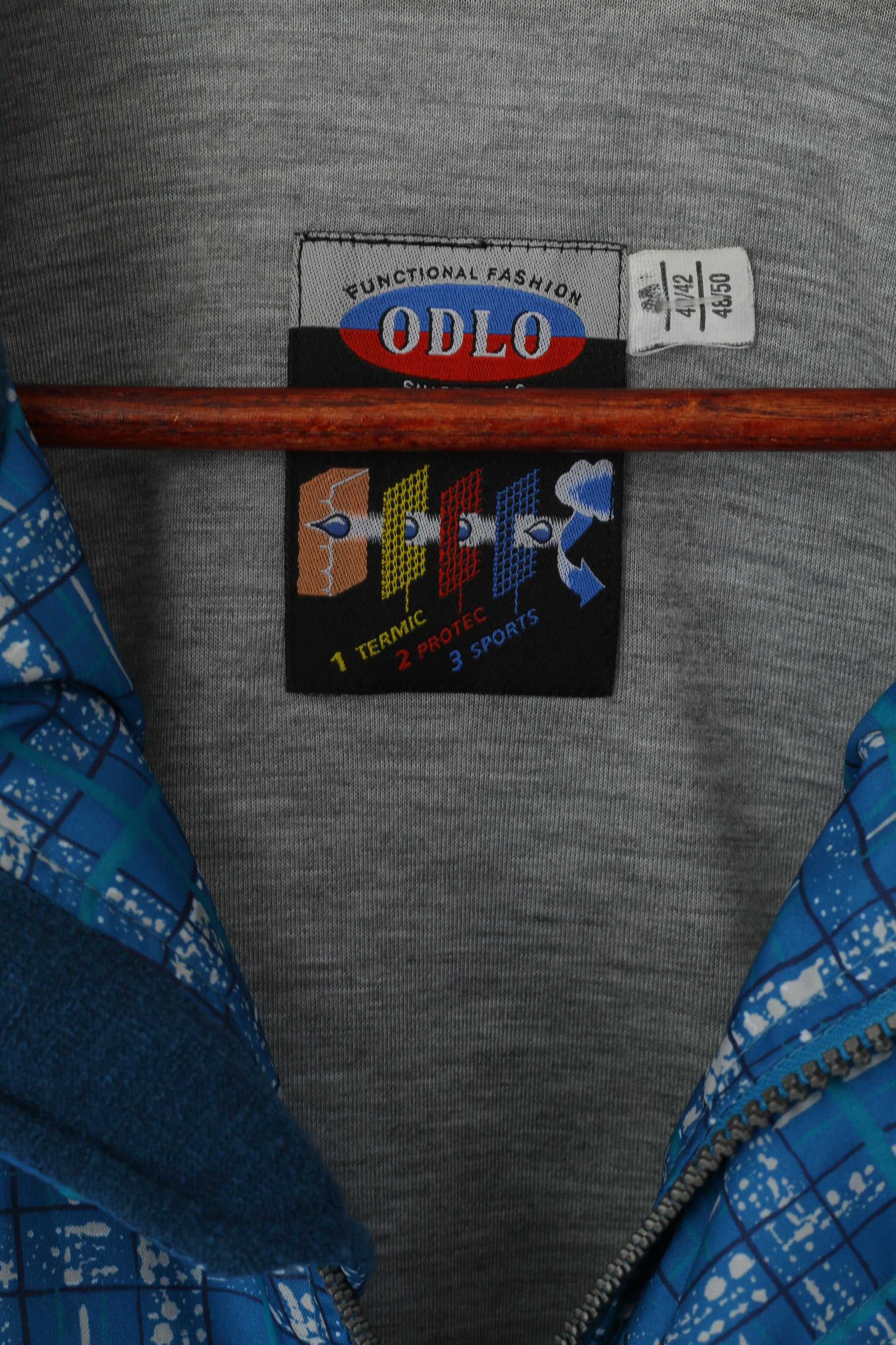 Giacca Odlo da uomo 48/50 M, top sportivo Protec vintage a quadri blu con cerniera intera