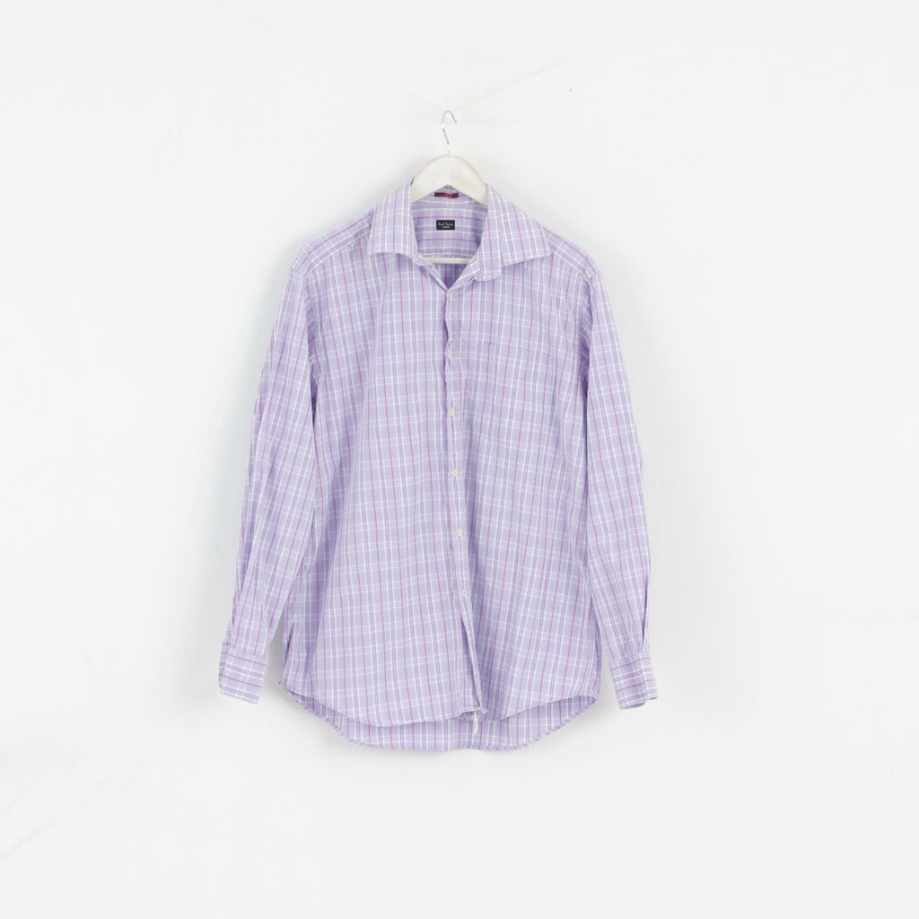 Paul Smith London Mens 16.5 42 XL Casual Shirt Cotton Purple Check Long Sleeve Top