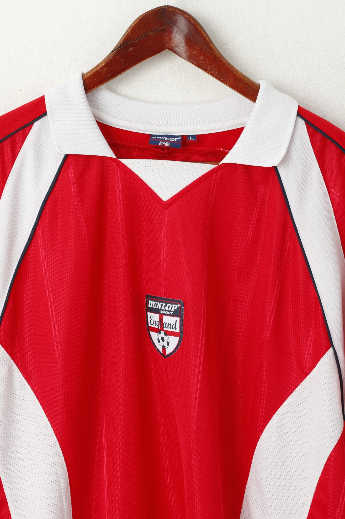 Dunlop Sport Men L Polo Shirt Red Shiny Vintage England Football Jersey Top