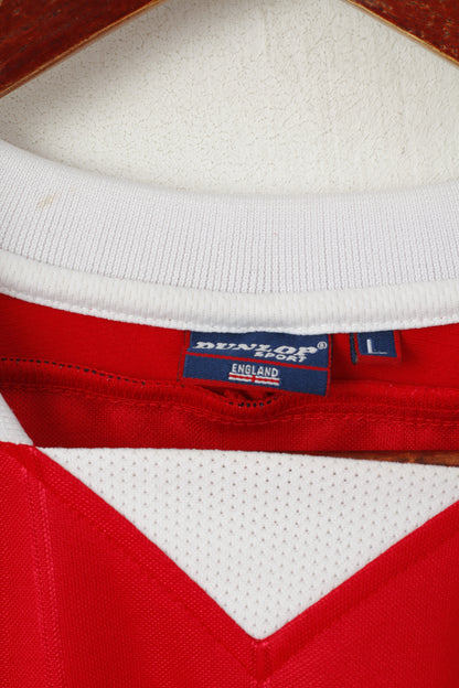 Dunlop Sport Men L Polo Shirt Red Shiny Vintage England Football Jersey Top