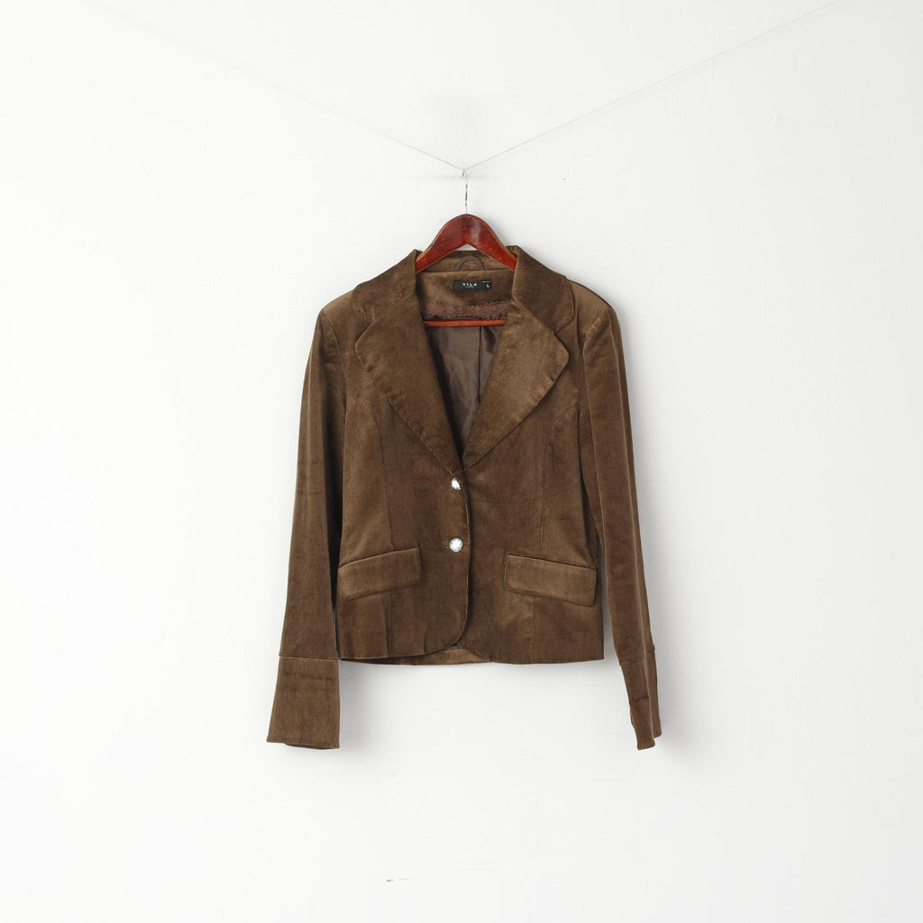 Vila Femme L (M) Blazer Marron Velours Côtelé Viscose Brillant Diamant Boutons Veste