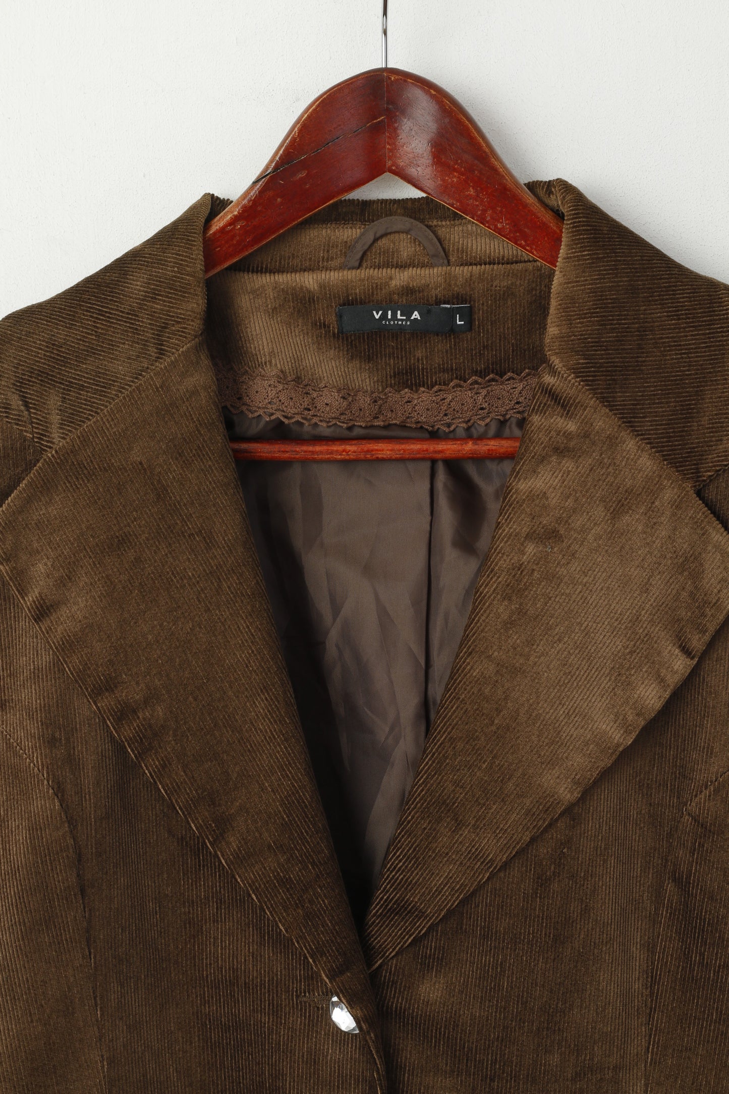 Vila Women L (M) Blazer Brown Corduroy Viscose Shiny Diamond Buttons Jacket
