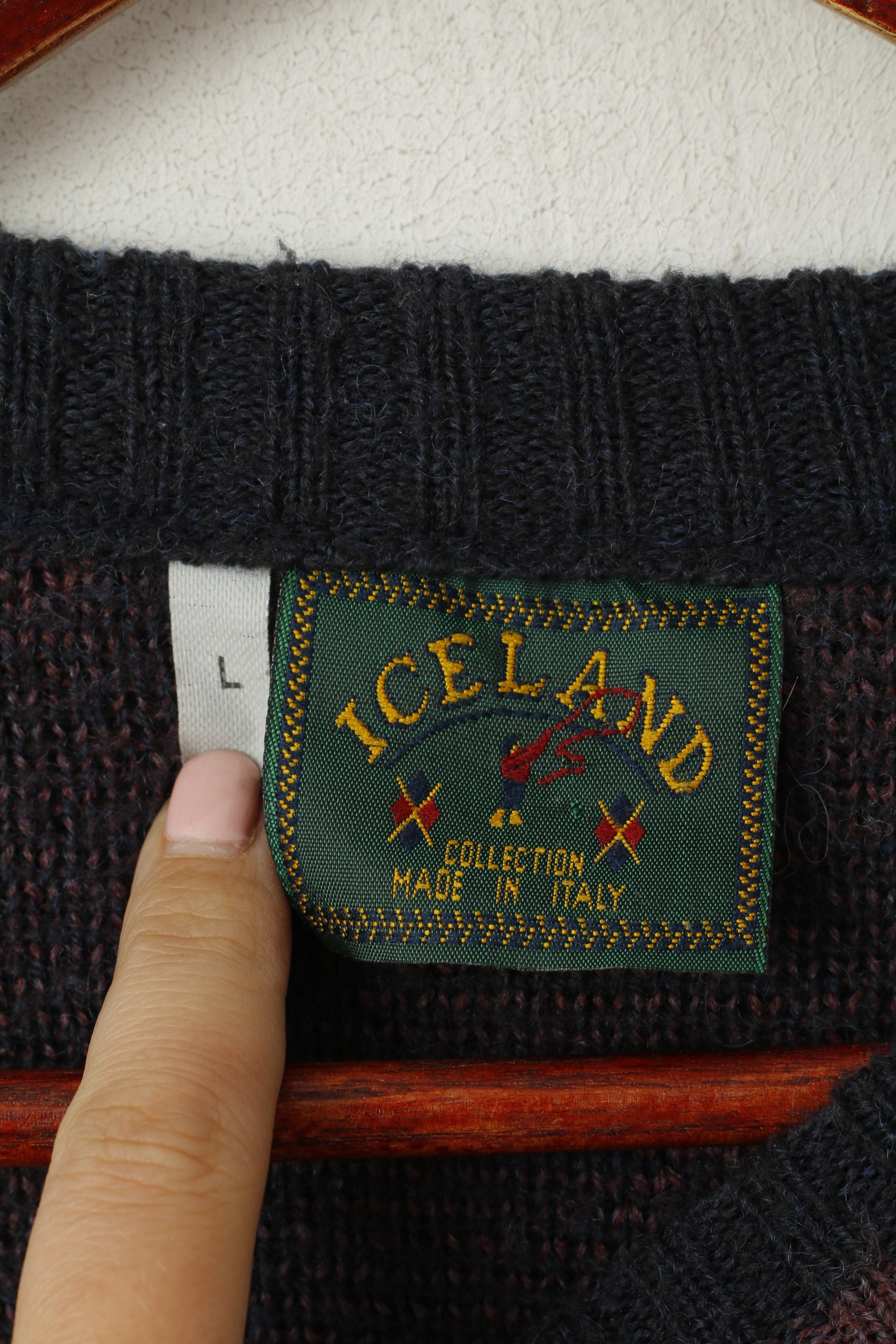 ICELAND Men L Jumper Navy Acrylic Nordic Crew Neck Made in Italy Sweater