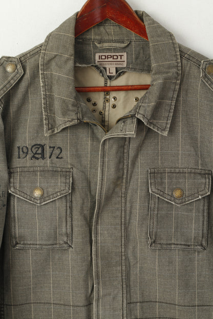 IDPDT Men L (M) Denim Jacket Gray Check Cotton Rough Gear Sky Rebel Blazer Top