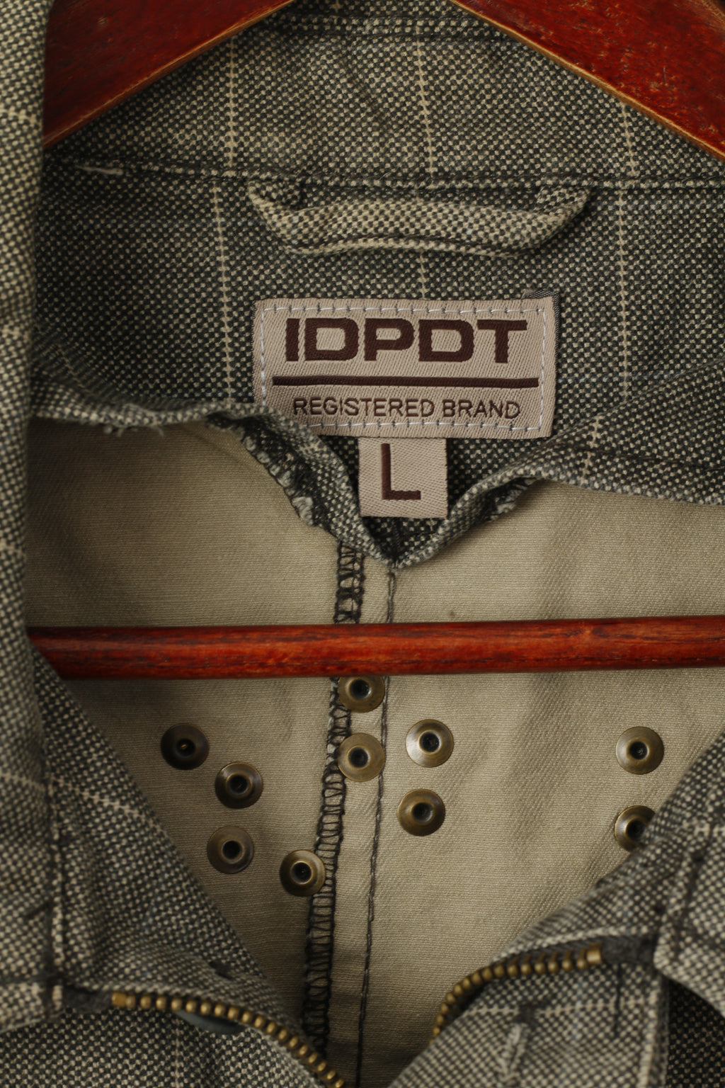 IDPDT Men L (M) Denim Jacket Gray Check Cotton Rough Gear Sky Rebel Blazer Top