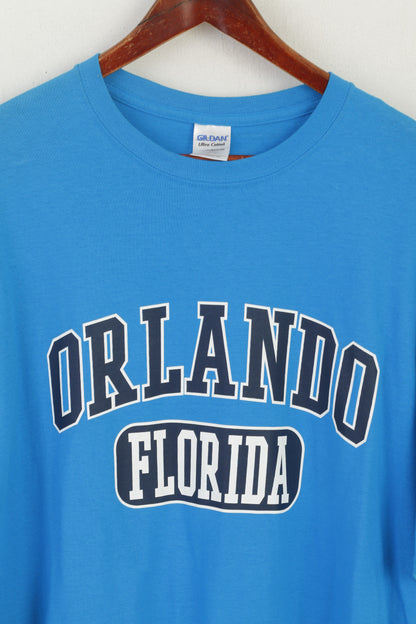 Nuova maglietta Gildan da uomo XXL in cotone blu con grafica Orlando Florida, girocollo