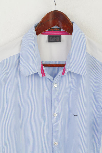 Hugo Boss Men XL Casual Shirt Blue Cotton Handcrafted Striped Long Sleeve Top