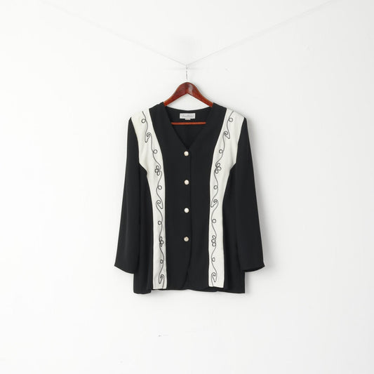 Louis Ortoni Women 16 L Shirt Black Vintage Sooulder Pads Shiny Buttoned 2/3 Sleeve Top
